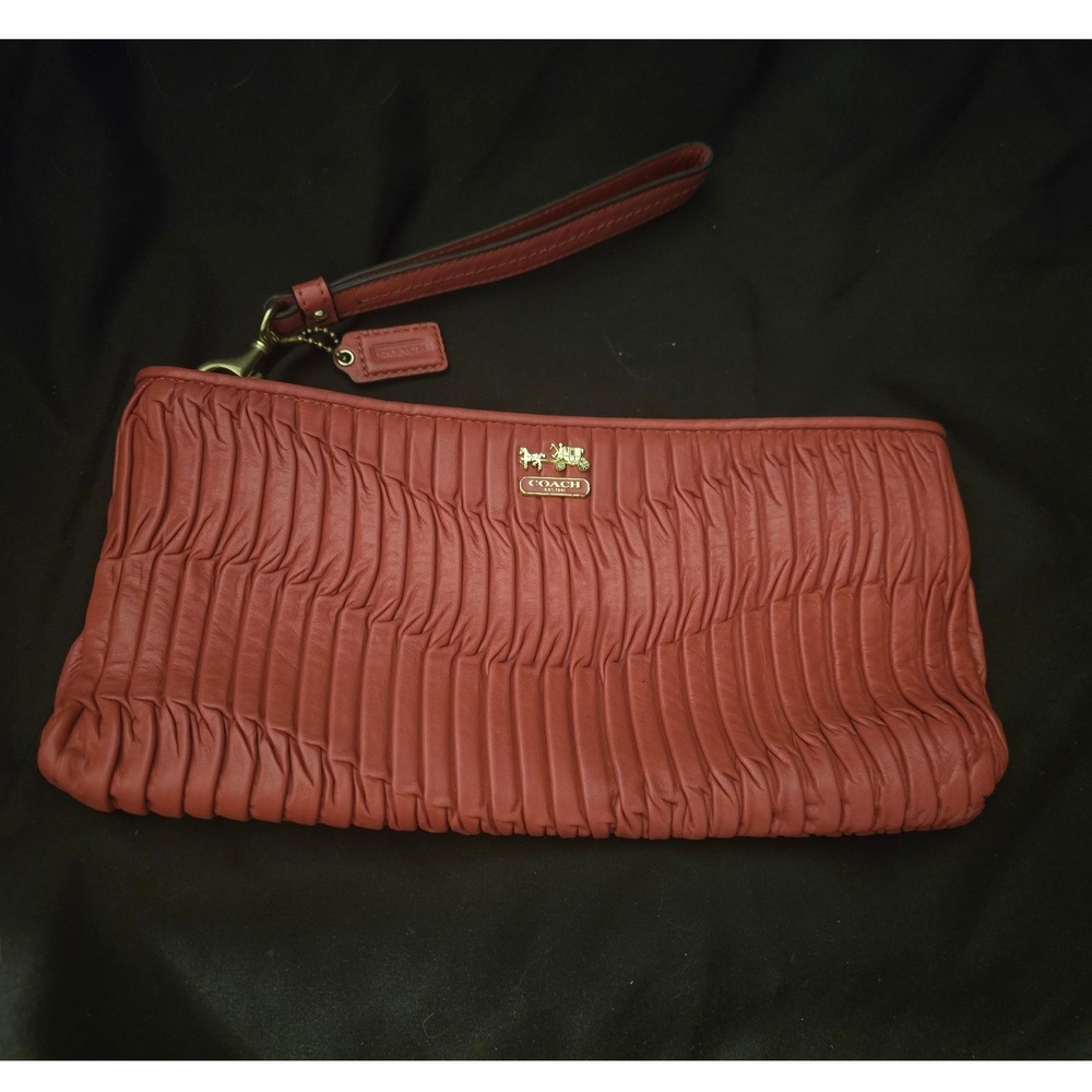 Coach Madison Gathered Leather Wristlet Coral Pink Gold Logo Pleated Clutch